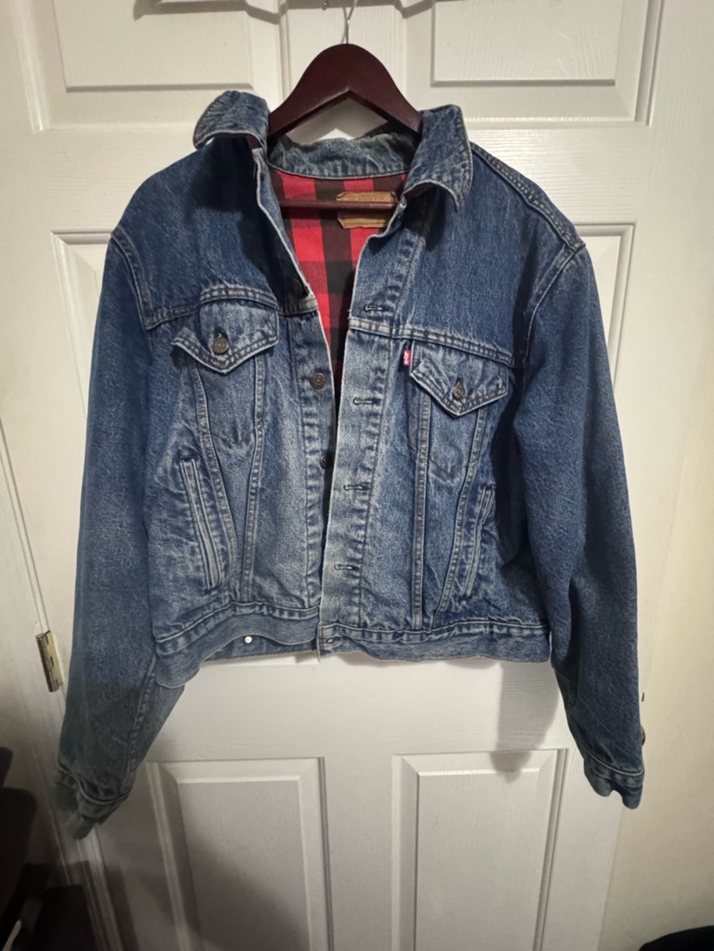 Levi's Blue Denim Jacket with Red and Black Plaid Lining